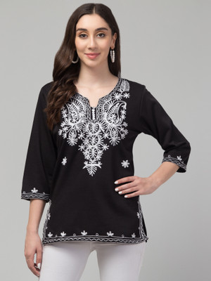 FamBee Casual Embroidered Women Black, White Top