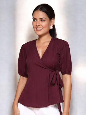 KATLINE Casual Self Design Women Maroon Top