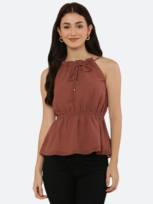 RAASSIO Casual Solid Women Brown Top