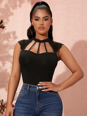 Leoty Casual Self Design Women Black Top