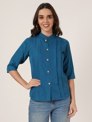 Roseverse Casual Solid Women Dark Blue Top