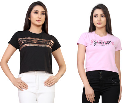 Tween Trends Casual Graphic Print Women Black, Pink Top