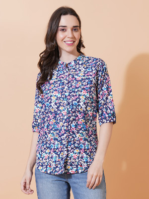 Gudwear Casual Floral Print Women Blue Top