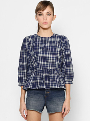 ONLY Casual 3/4 Sleeve Checkered Women Blue Top