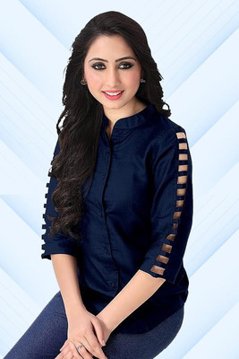 Himani sports Casual Solid, Self Design Women Dark Blue Top