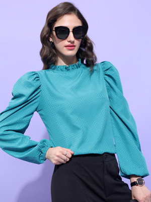 Tokyo Talkies Casual Solid Women Light Blue Top