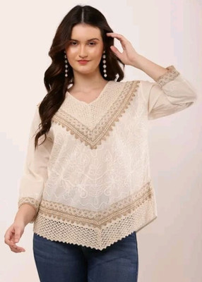 Trendeeva Casual Embroidered Women Beige Top