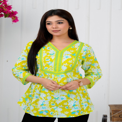 Threadflix Casual Floral Print, Printed Women Yellow Top