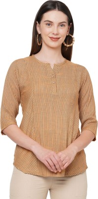 GO.4.IT Casual 3/4 Sleeve Striped Women Beige Top