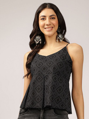 ANOUK Casual Geometric Print Women Black Top