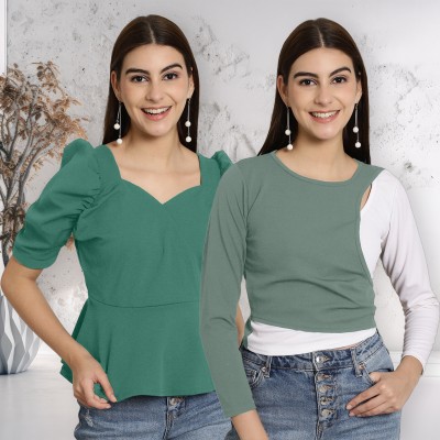 METRONAUT Casual Solid Women Green, Grey Top