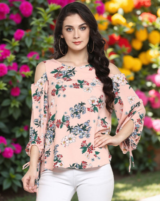 PANNKH Casual Cold Shoulder Floral Print Women Pink Top