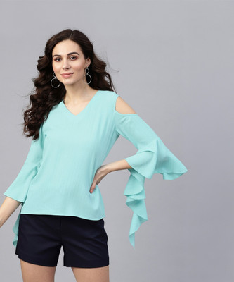 ZIMA LETO Casual 3/4 Sleeve Solid Women Blue Top