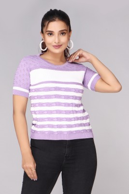 FEVERFEW Casual Striped Women Purple Top