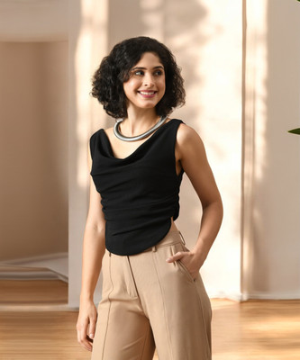 HouseOfCommon Casual Solid Women Black Top