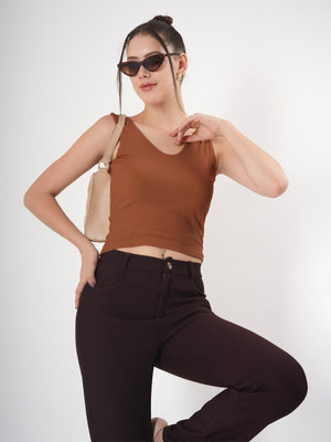 clobug Casual Solid Women Brown Top