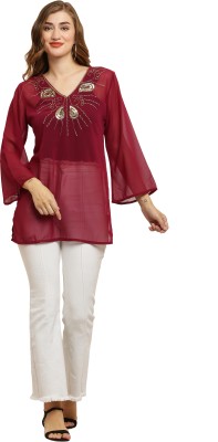 Burbi Casual Embellished Women Maroon Top