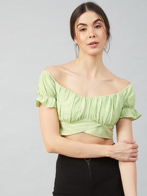 ATHENA Casual Solid Women Light Green Top