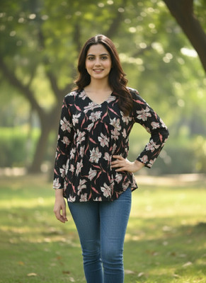 Desi Beats Casual Floral Print, Printed Women Black Top