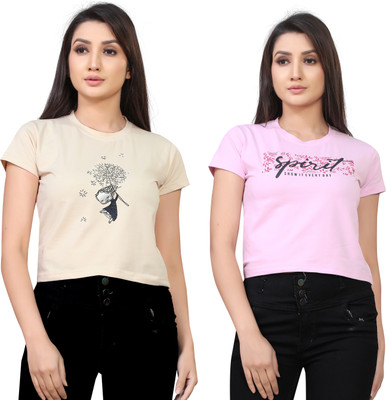 Tween Trends Casual Graphic Print Women Beige, Pink Top
