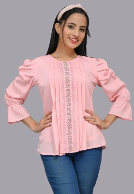 Pushbela Casual Solid Women Pink Top