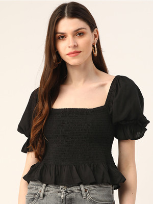 METRONAUT Casual Solid Women Black Top