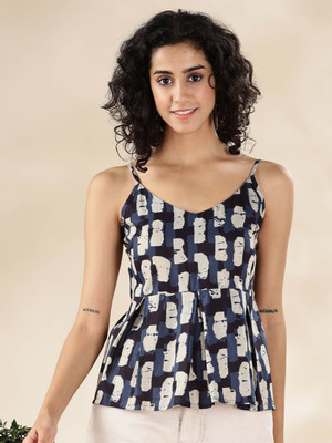 Anouk Rustic Casual Printed Women Blue Top