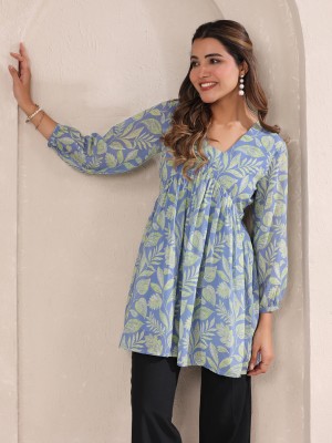 Janasya Casual Floral Print Women Light Blue Top