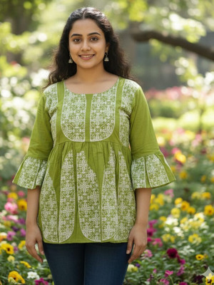 VYTRENDS Casual Ethnic Motifs Women Green Top