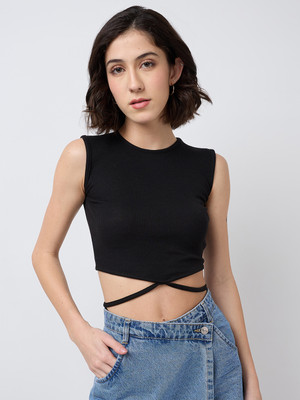 SZN Casual Solid Women Black Top