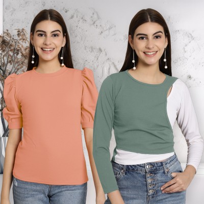 METRONAUT Casual Solid Women Light Green, White, Orange Top