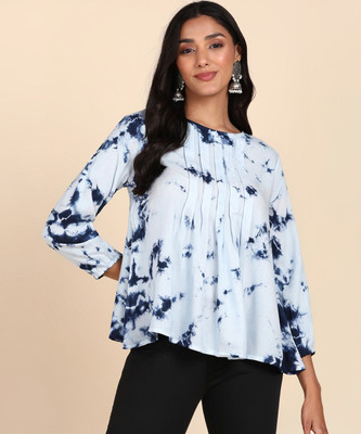 maaesa Casual Tie & Dye Women White, Dark Blue, Light Blue Top