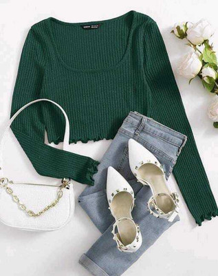 glitsy Casual Solid Women Dark Green Top