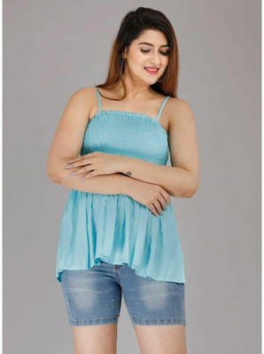 COTTON MULMUL STORE Party Solid Women Light Blue Top