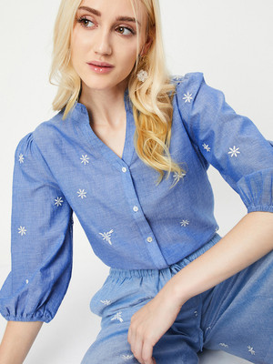 MAX Casual Printed Women Blue, White Top