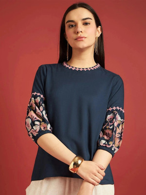 all about you Beach Wear Embroidered Women Blue Top