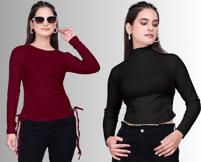 Dholakiya Empire Vibe LLP Casual Solid Women Maroon, Black Top