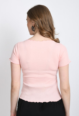 GLADLY Casual Self Design Women Pink, Black Top