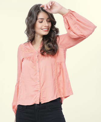 Tokyo Talkies Casual Full Sleeve Solid Women Orange Top