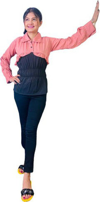 DZEB Casual Color Block Women Pink, Black Top