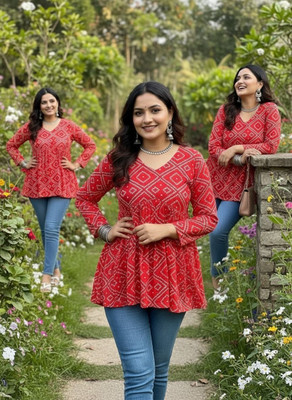 Radhegovind Creation Casual Printed, Geometric Print Women Red Top