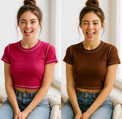Crezystyl Casual Self Design Women Pink, Brown Top