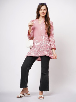 ANBA Casual Embroidered, Floral Print Women Pink Top