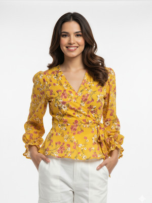 ANVI Be Yourself Casual Floral Print Women Yellow Top