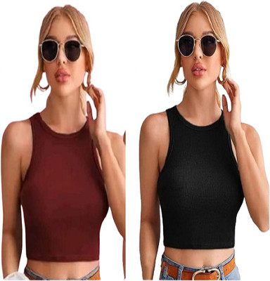 TUSIFASHION Casual Solid Women Brown, Black Top