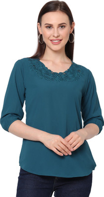 GO.4.IT Casual 3/4 Sleeve Embroidered Women Blue Top