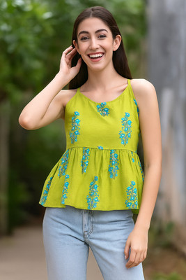 UNFAKENOW Casual Floral Print Women Green Top
