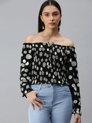 SHOWOFFFF Casual Printed Women Black Top