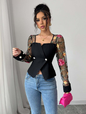 OUTZIDR Party Solid, Embroidered Women Black Top