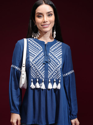 Vishudh Casual Embroidered Women Blue Top